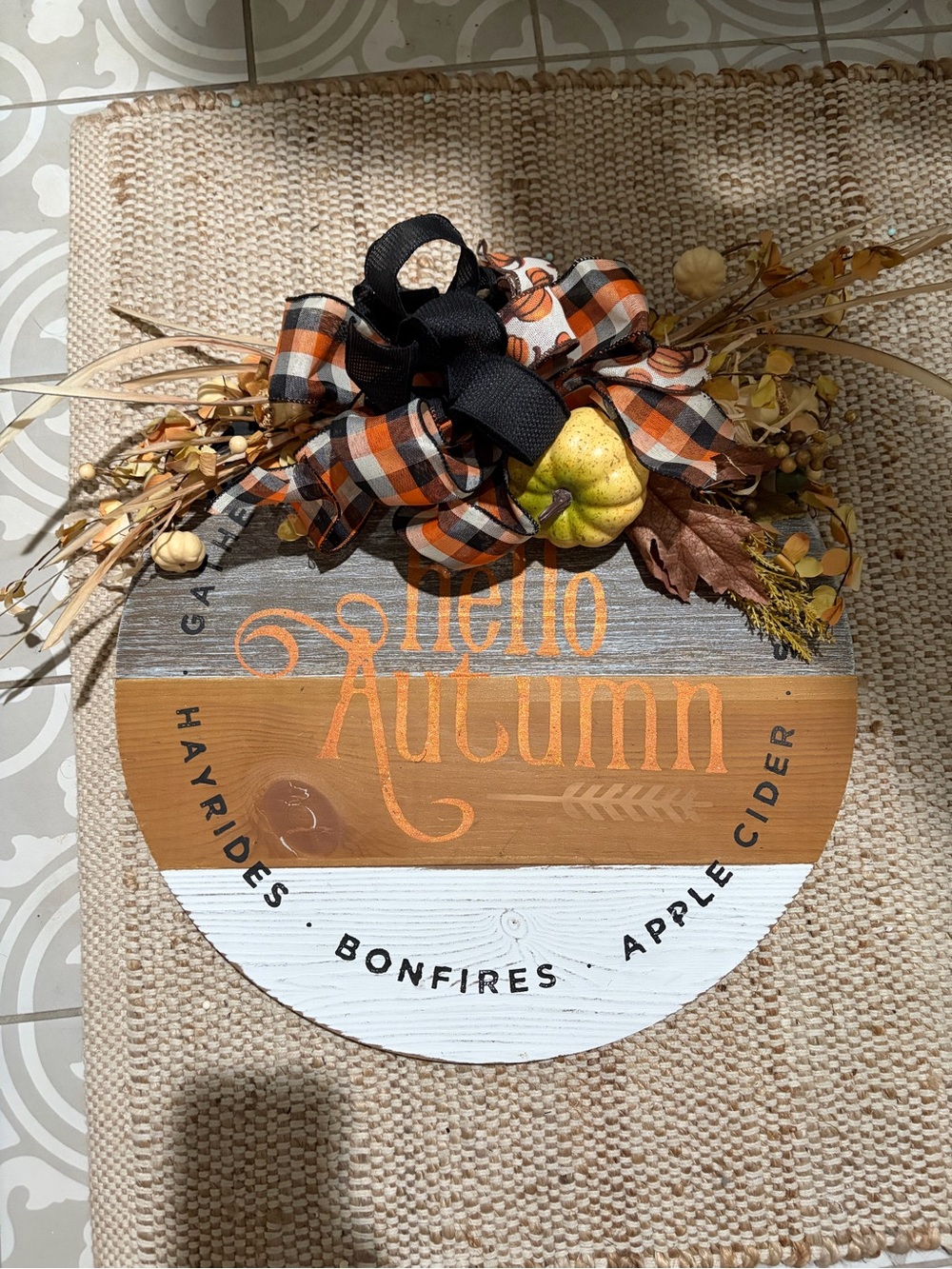 Hello Autumn Round Wall Sign - Orange, Black, White